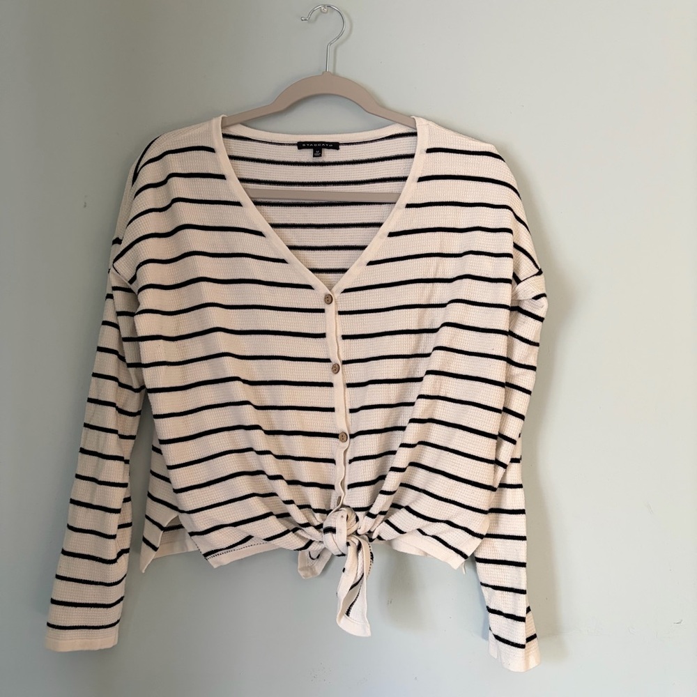 Staccato Black and White Striped Button-Down Top
